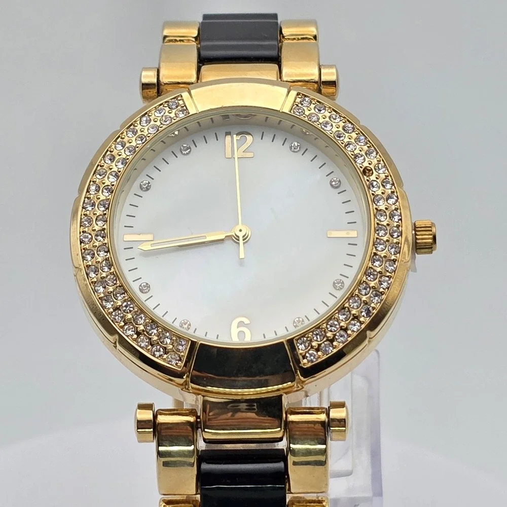 New‎ CHICO'S Ladies Watch Mother of Pearl CZ Encrusted Black Gold Tone Band